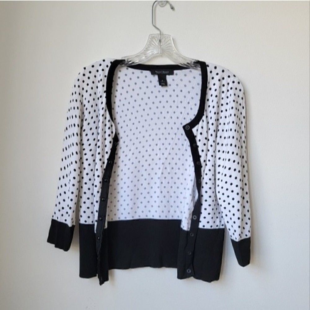 WHITE House Black Market Polka Dot Print Black White 3/4 Sleeve Cardigan Small - Picture 9 of 9